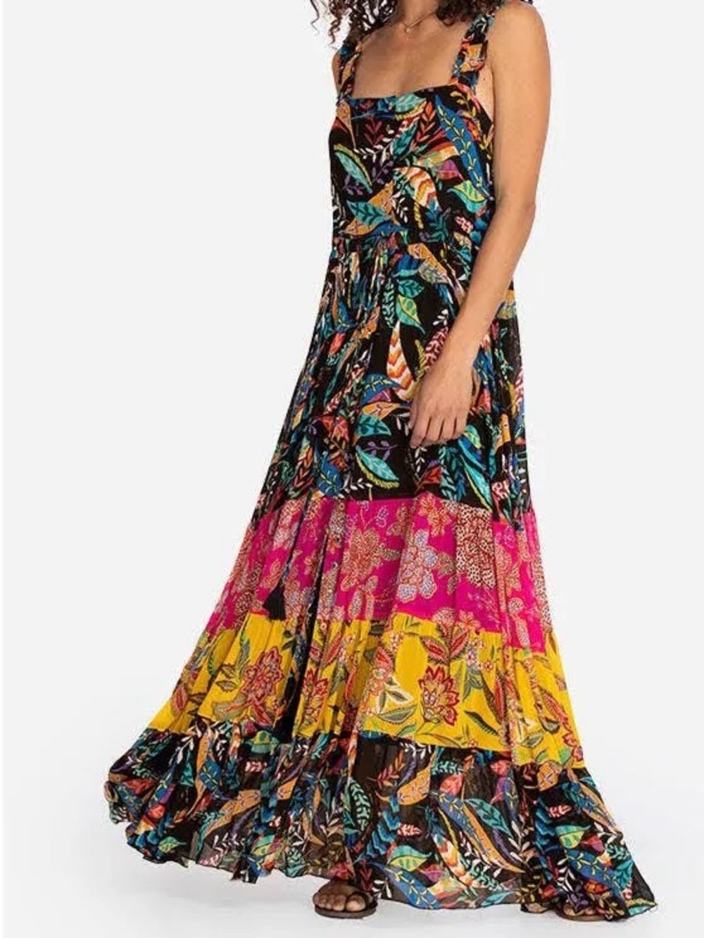 Johnny Was Jade Mirko Tiered Patchwork Chiffon Midi Maxi Dress – Size Small